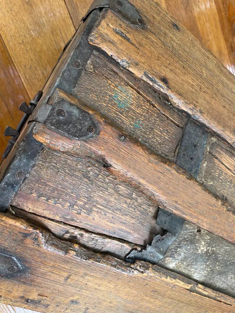 Antique French Wood Iron and Hide Handmade Wood Chest or Trunk