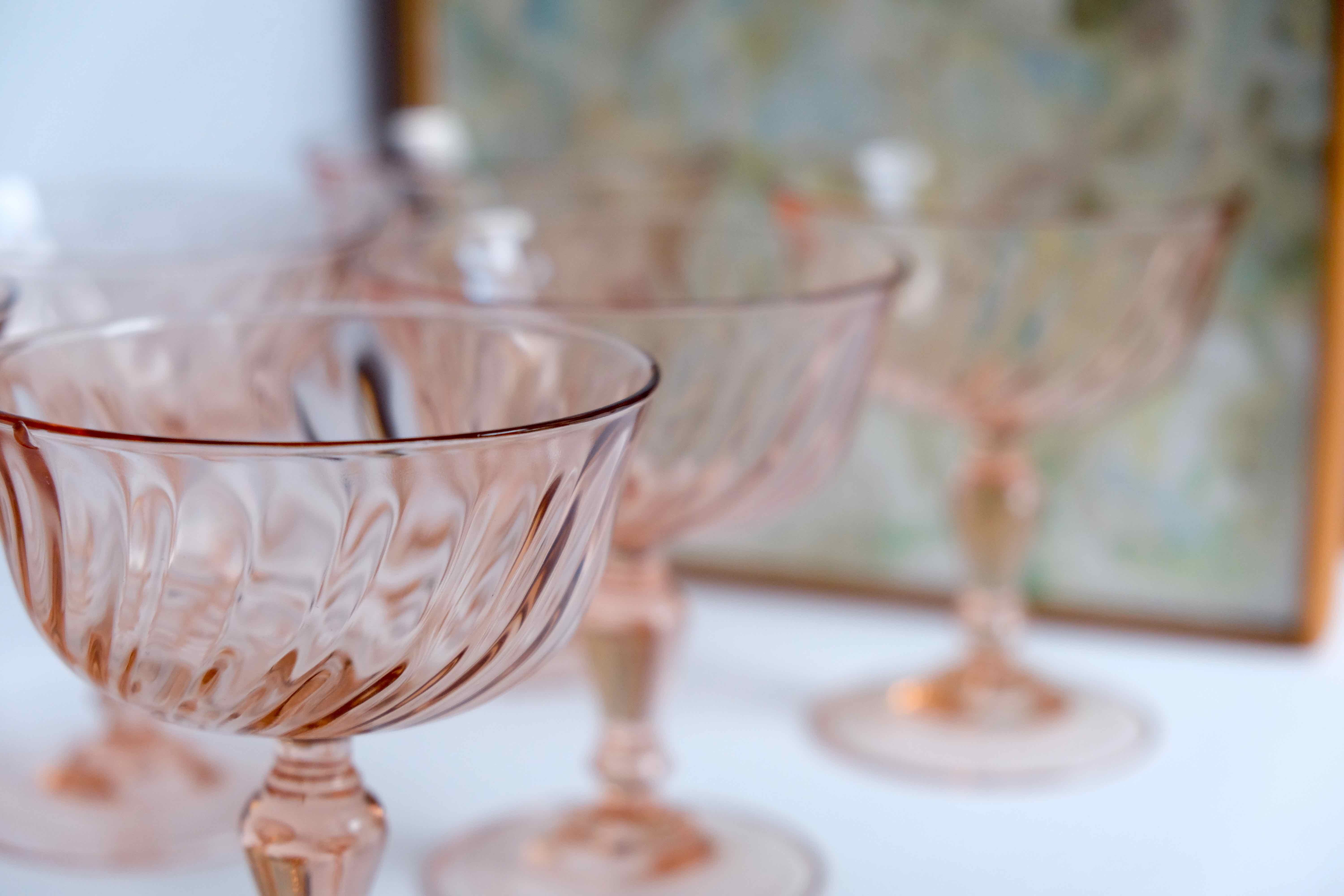 Set of 6 cups champagne rose vintage Rosaline pink swirl glass Arcoroc Luminarc France