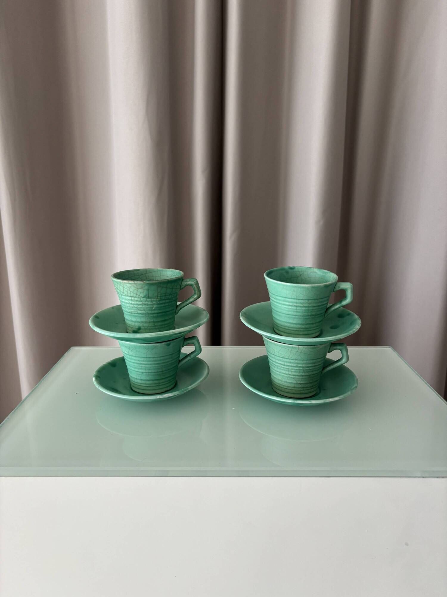 Set of 4 Vintage Jade Green Studio Pottery Espresso Cups & Saucers – Hand G