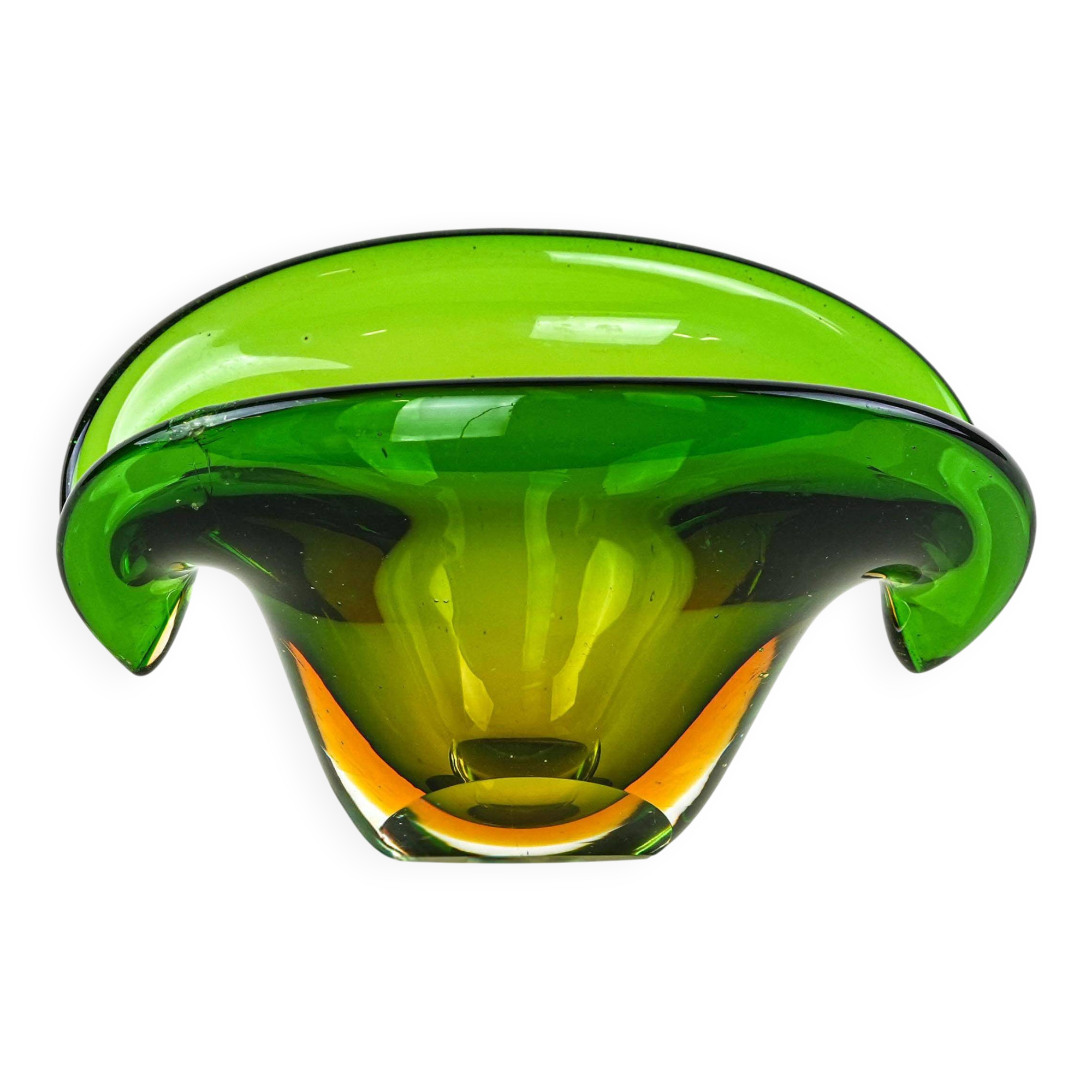 Sommerso glass platter in green and yellow, Murano, Italy, 1960s
