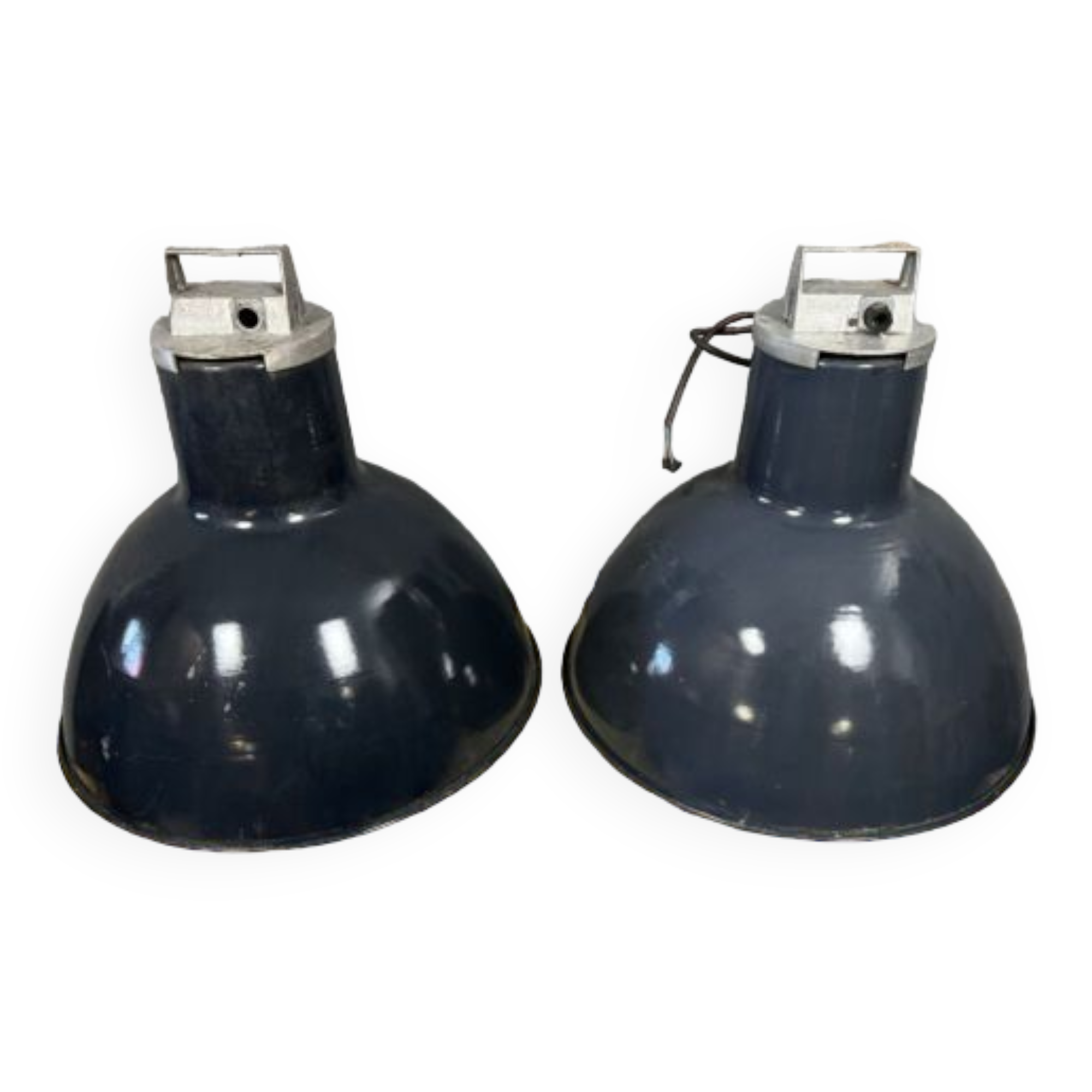 Pair of Mazda industrial suspension lamps in lacquered sheet metal
