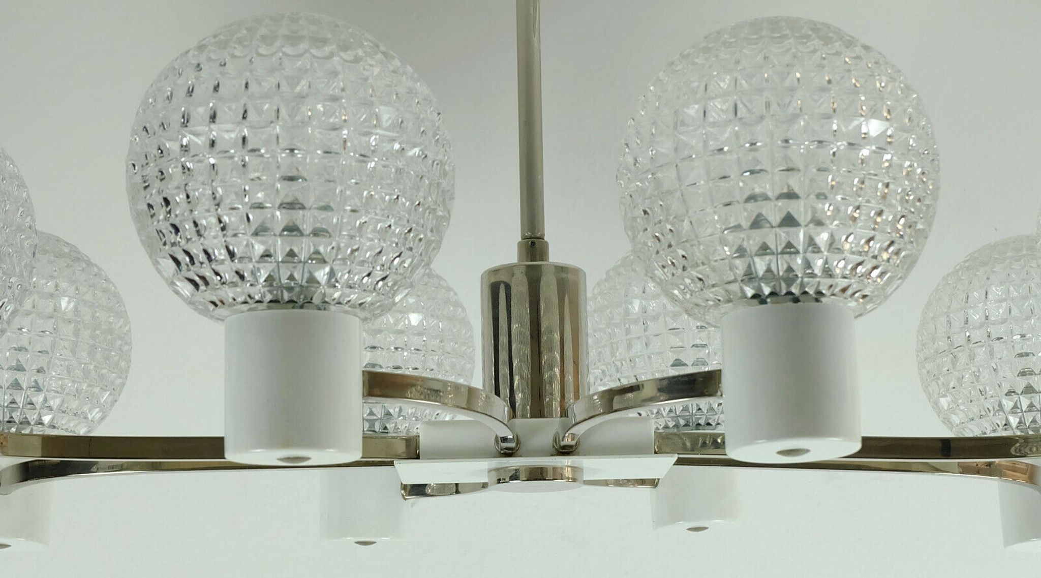1960s mid century HANGING LAMP chrome metal chandelier with 8 glass shades