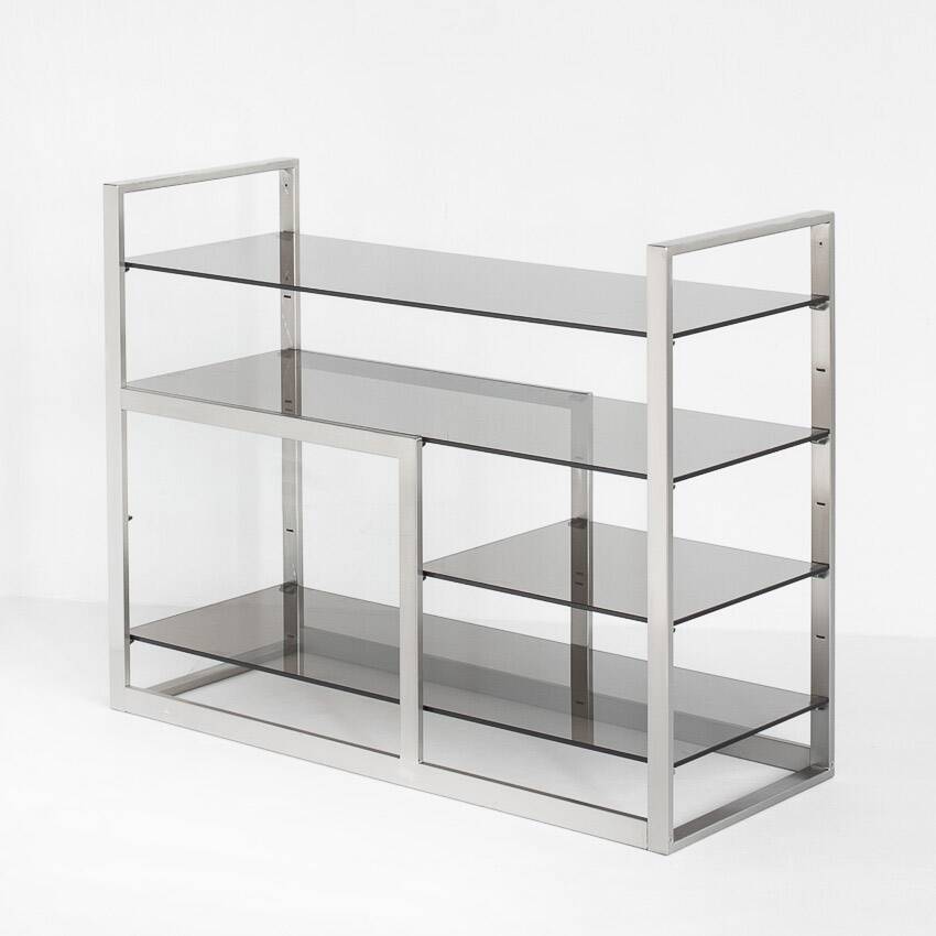 Vintage TV or HiFi cabinet. Brushed stainless steel and smoked glass. France, 1970s