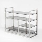 Vintage TV or HiFi cabinet. Brushed stainless steel and smoked glass. France, 1970s
