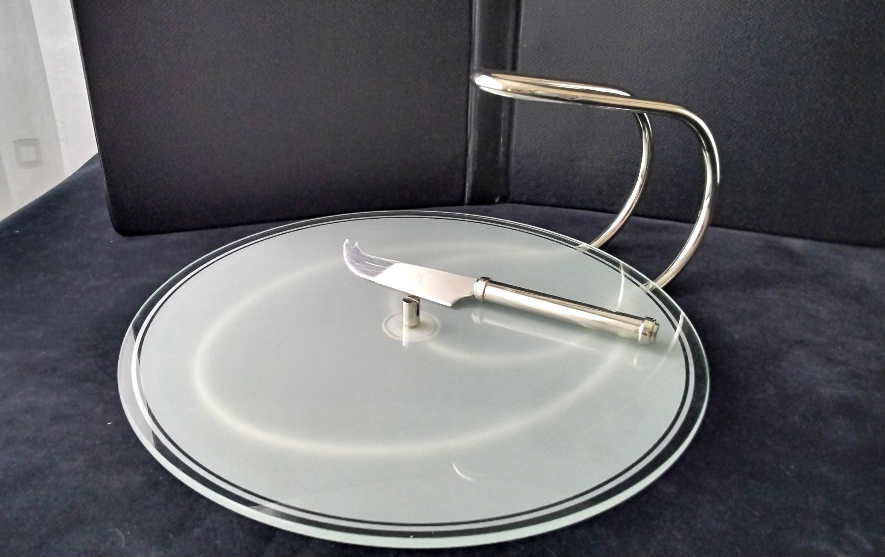 Cheese platter in glass and stainless steel 1970s