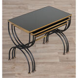 Vintage nesting tables in metal and black opaline glass 1950
