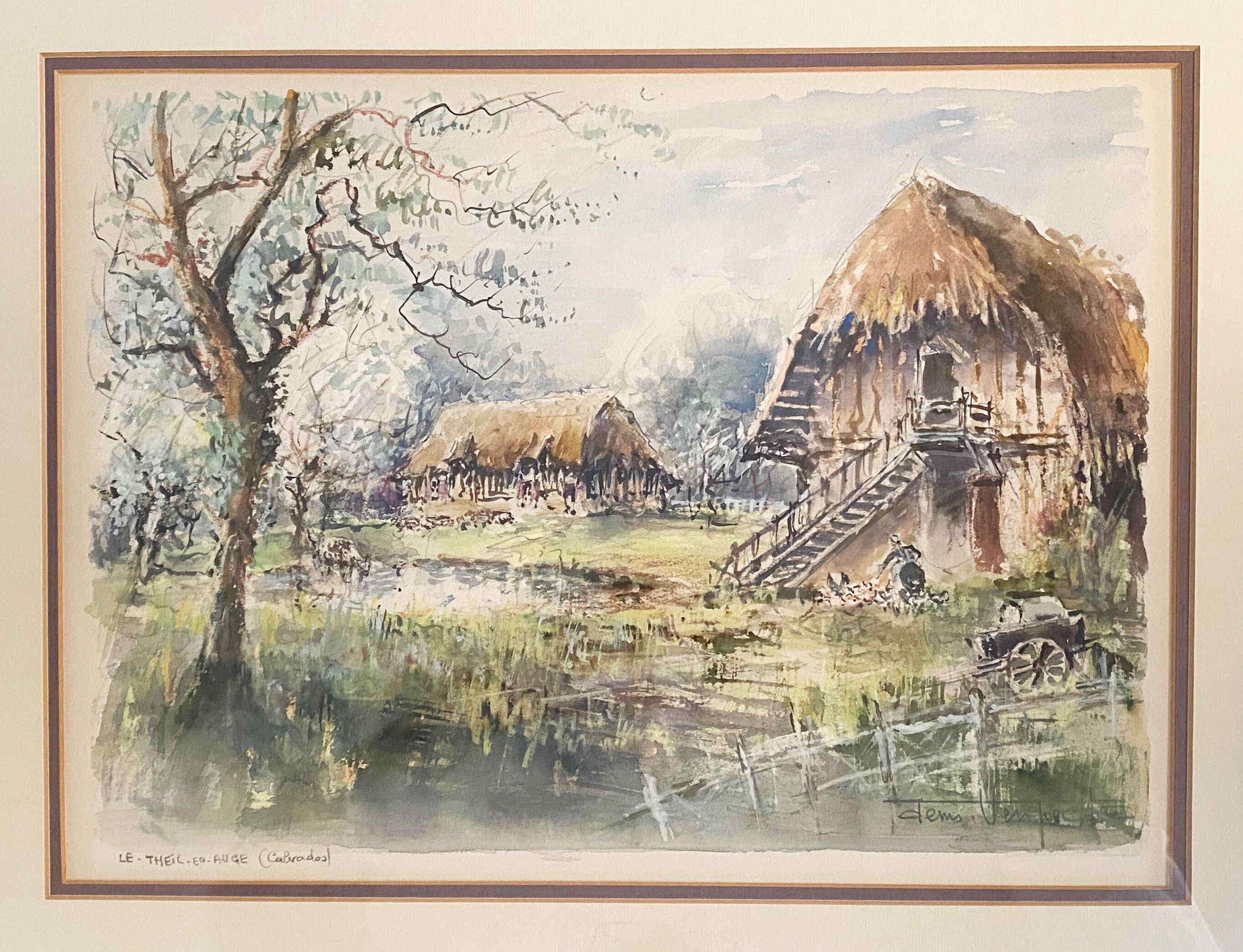 Watercolor painting "Le Theil en Auge" by Denis Verspecht (1919/1991) Calvados