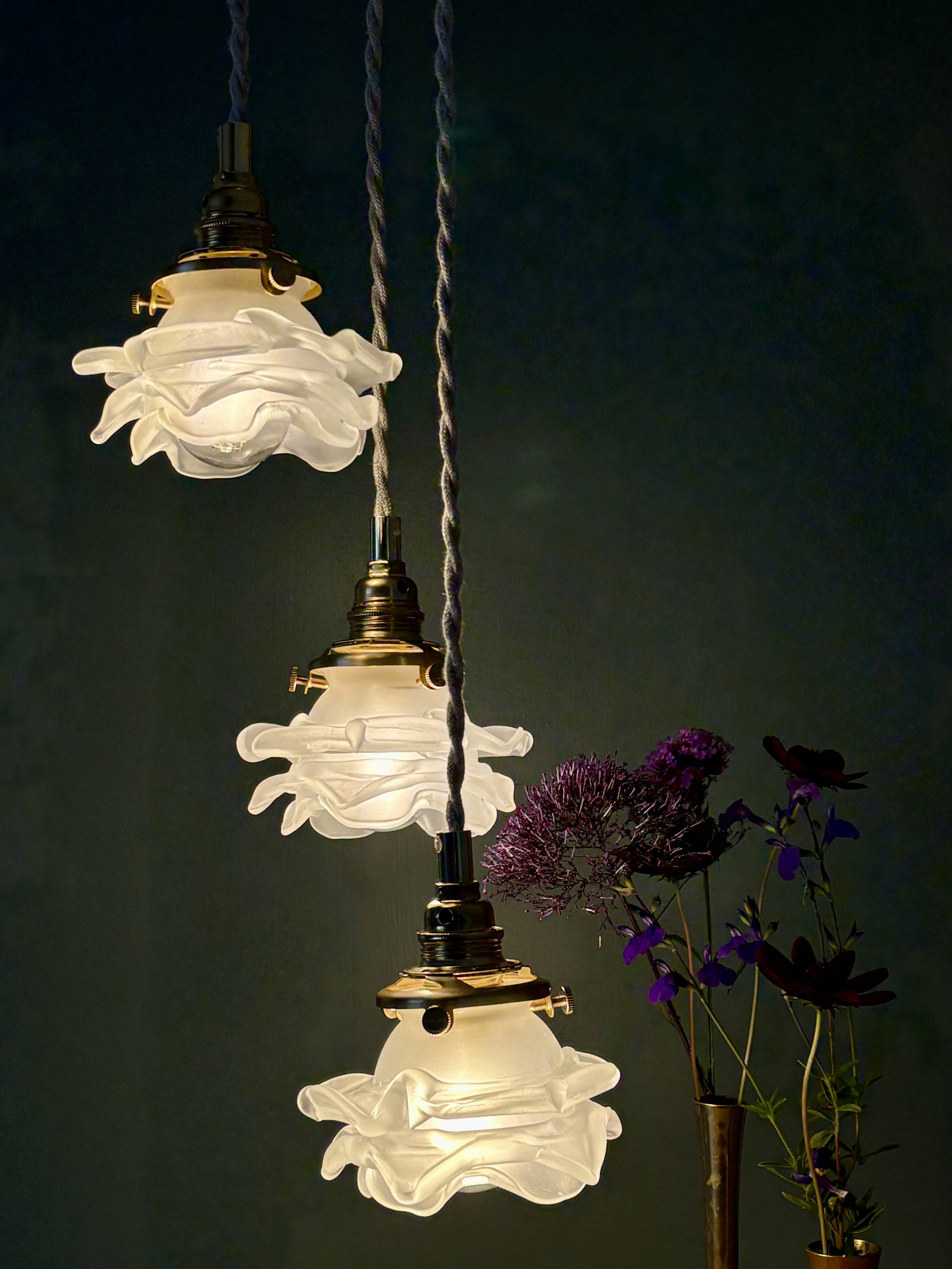 Vintage triple tulip pendant light in frosted glass in the shape of flowers
