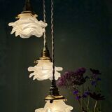 Vintage triple tulip pendant light in frosted glass in the shape of flowers