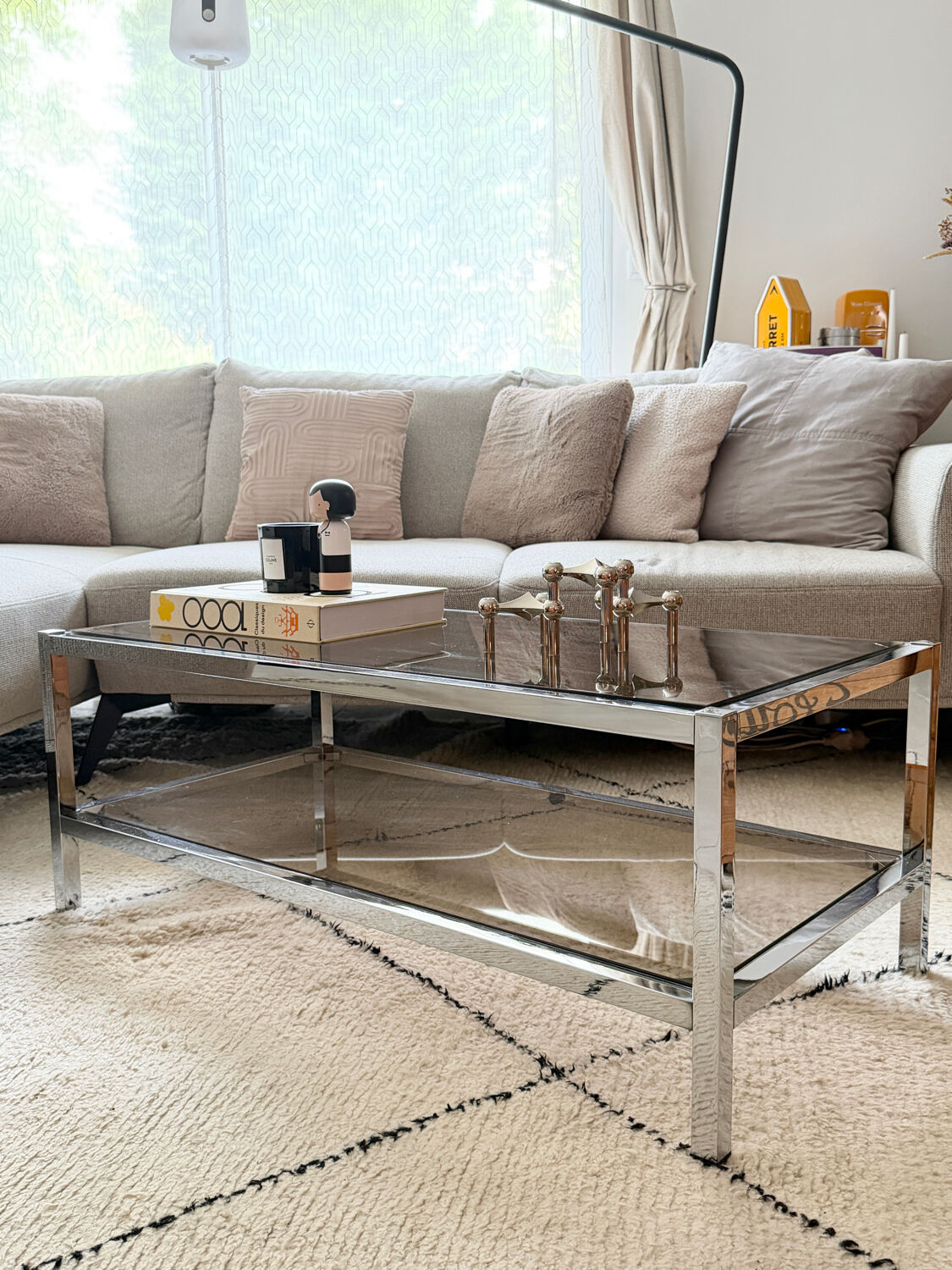 Table Basse Vintage Chrome & Verre Fumé (Style Belgo Chrom)
