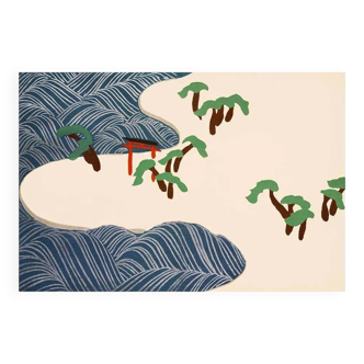 Japanese art print Sekka Ocean Waves and Sun Momoyogusa