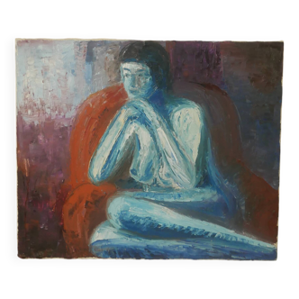 Tableau acrylique sur toile art figuratif femme nue bleu orange toile contemporaine