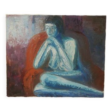 Tableau acrylique sur toile art figuratif femme nue bleu orange toile contemporaine