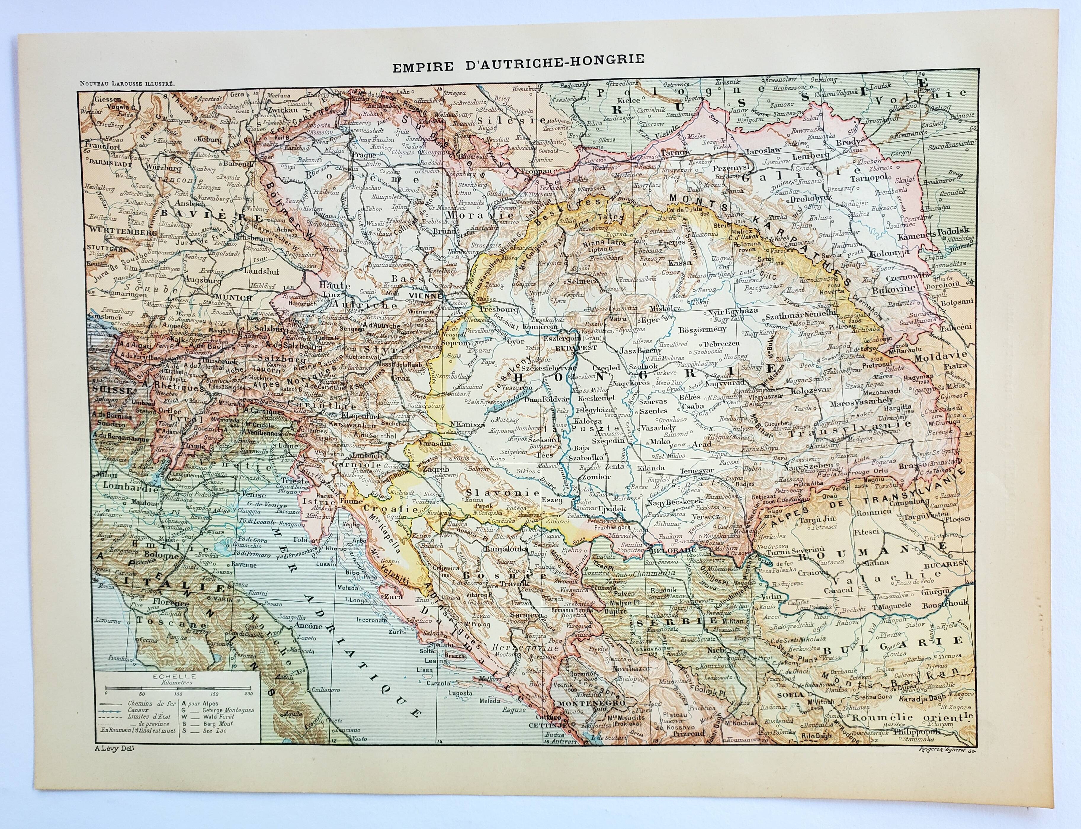 Gravure ancienne 1898, Empire d'Autriche-Hongrie, carte • Lithographie, illustration originale