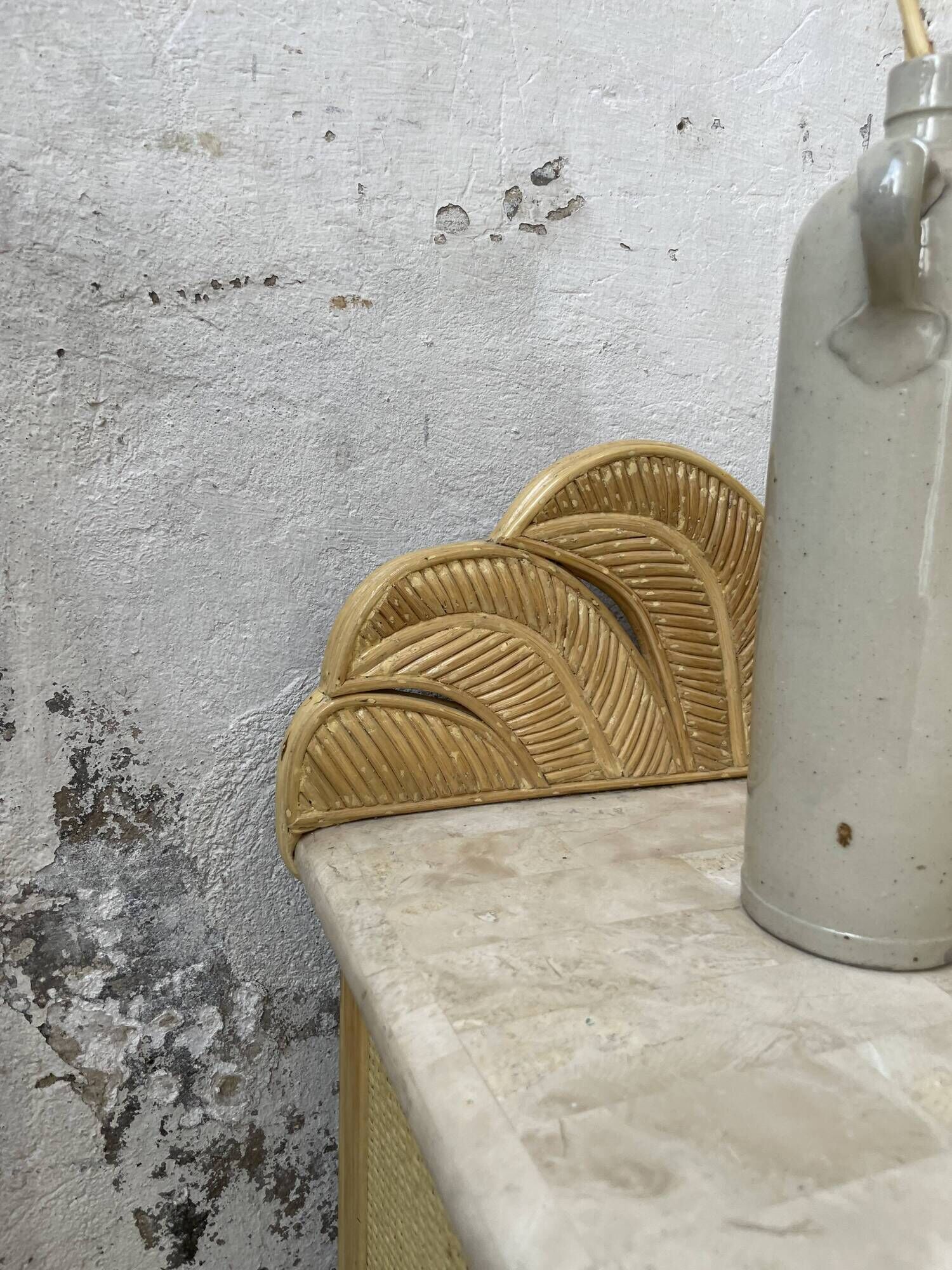 Pair of travertine bedside and rattan palm tree "vivai del sud"