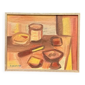 Huile sur toile originale suédoise – "Petit déjeuner" par Bengt Delefors – Signé "B. Delefors" – Vintage et encadré – 49 × 40 cm (19,3" × 15,7")