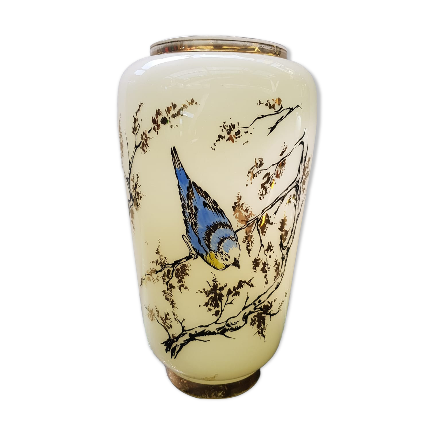 Old creamy white opaline vase with birds decor & vintage gilding