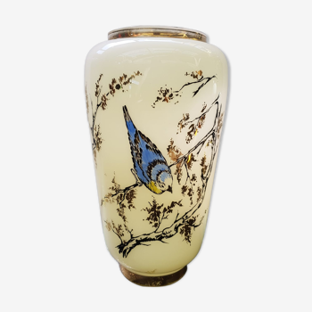 Ancien vase opaline blanc crème décor oiseaux & dorures vintage