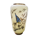 Old creamy white opaline vase with birds decor & vintage gilding