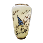 Old creamy white opaline vase with birds decor & vintage gilding