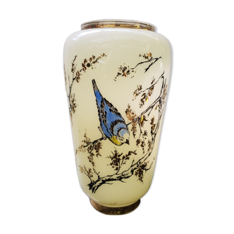 Old opaline vase white cream decor birds & gilding vintage