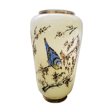 Ancien vase opaline blanc crème décor oiseaux & dorures vintage