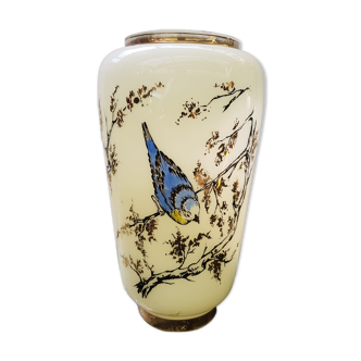 Ancien vase opaline blanc crème décor oiseaux & dorures vintage