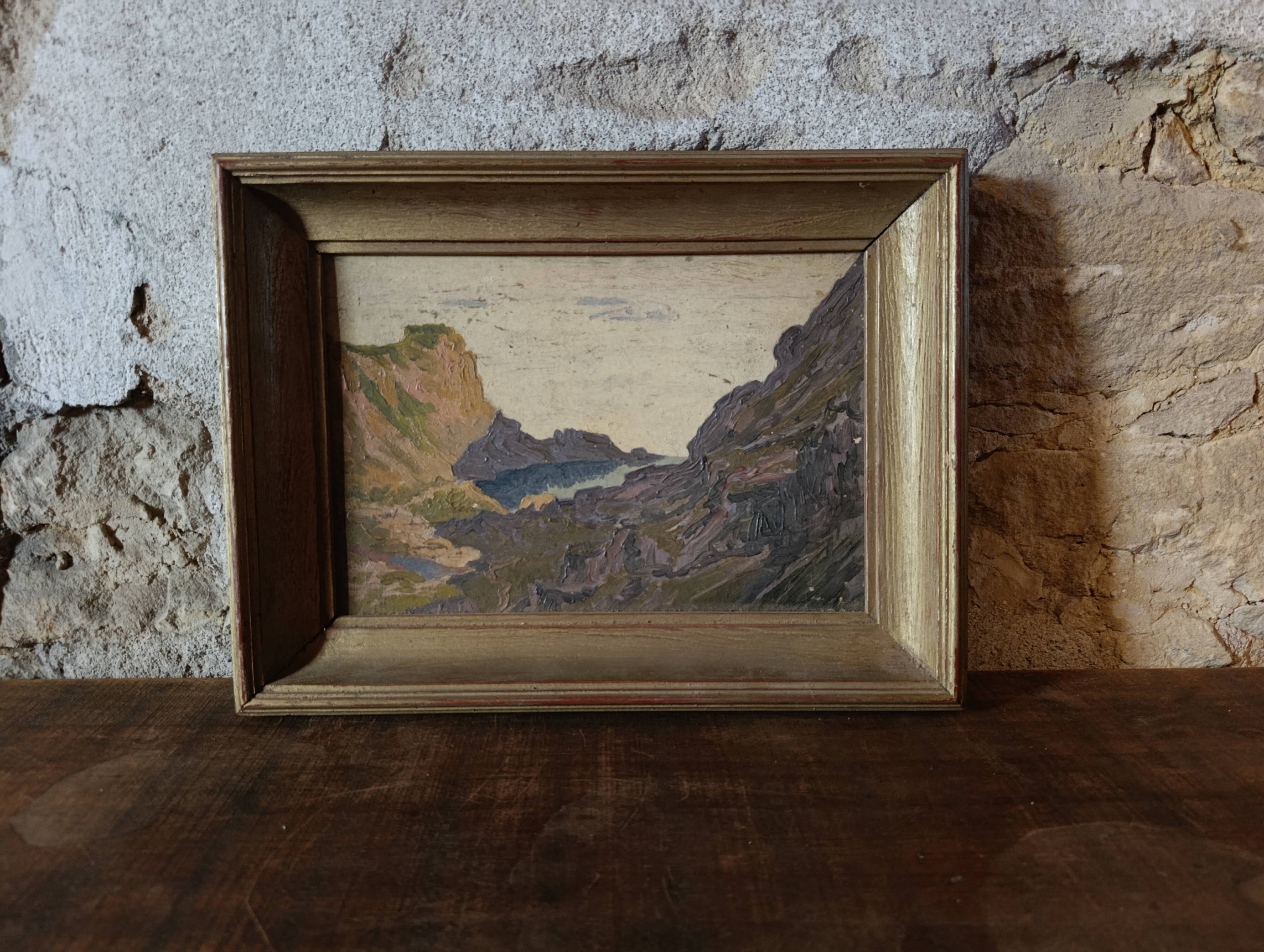 French vintage original oil painting on board, unsigned coastal mountain la