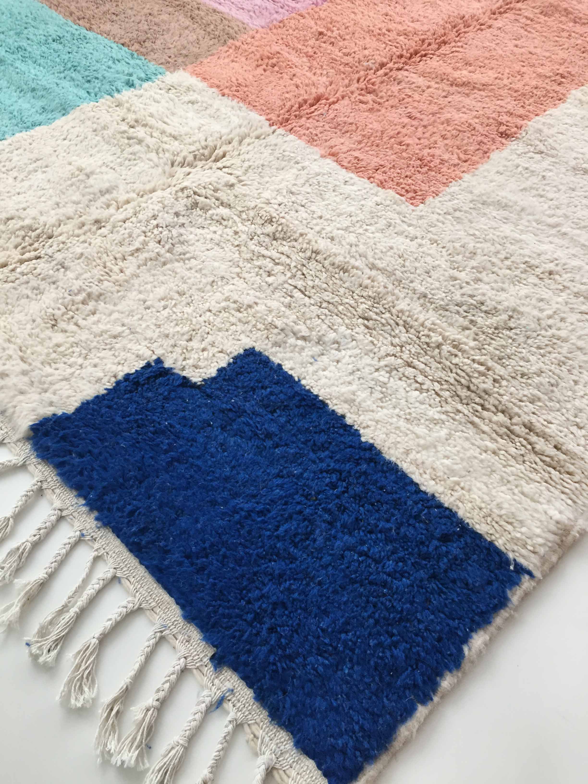 Moroccan Berber carpet Boujaad ecru with colorful flats 273x206cm