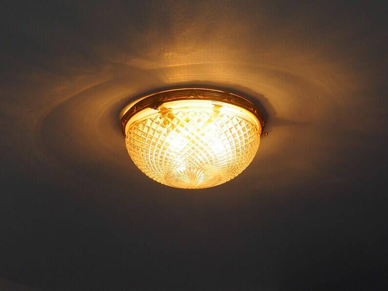 Bronze Cut Glass Ceiling Light: Mid-Century French Louis XVI Ceiling Lamp