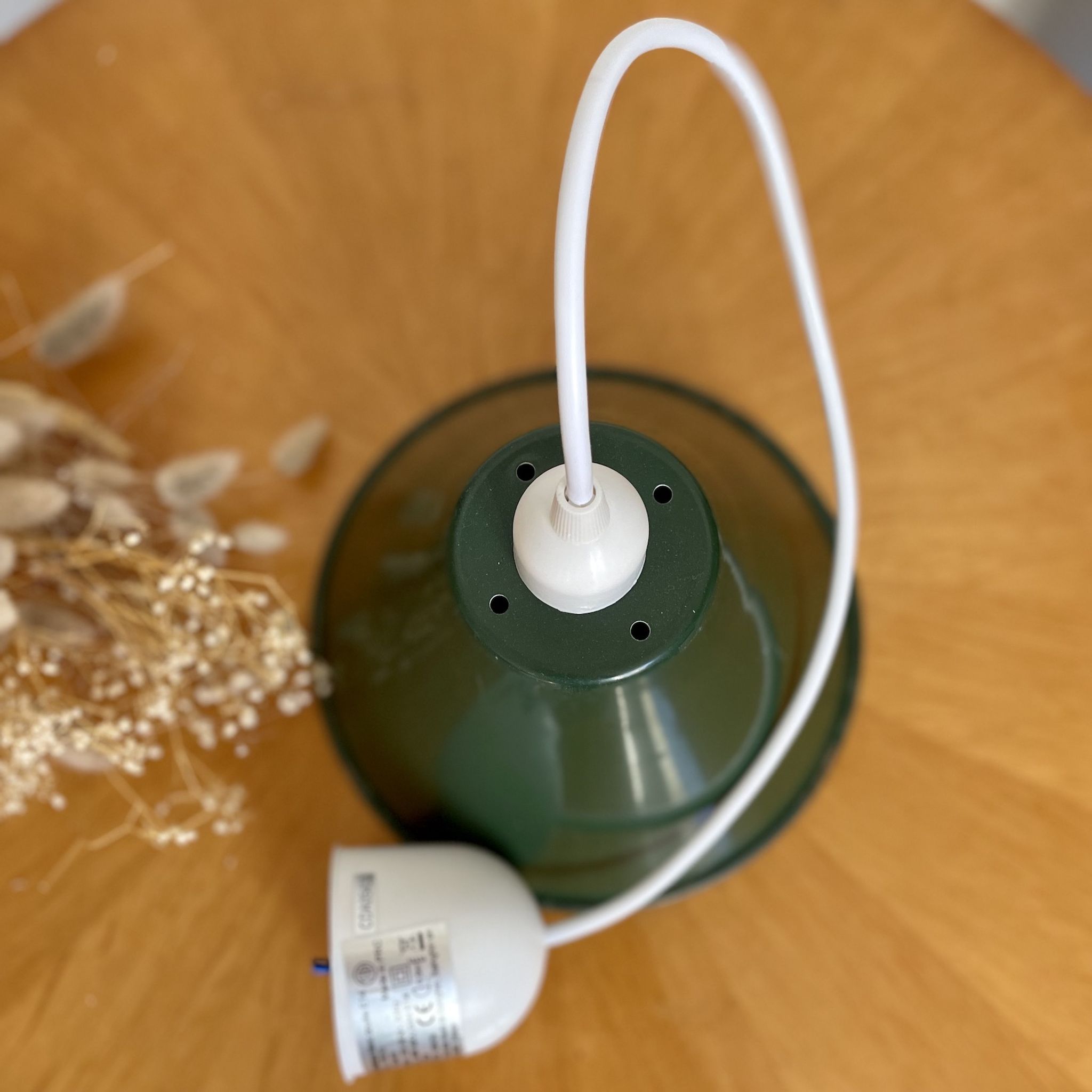 Vintage suspension lamp in green and white enamelled sheet metal