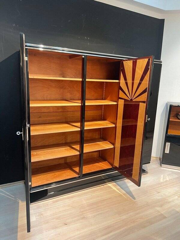 Armoire Art Déco en laque noire, acajou, chrome, France, années 1930