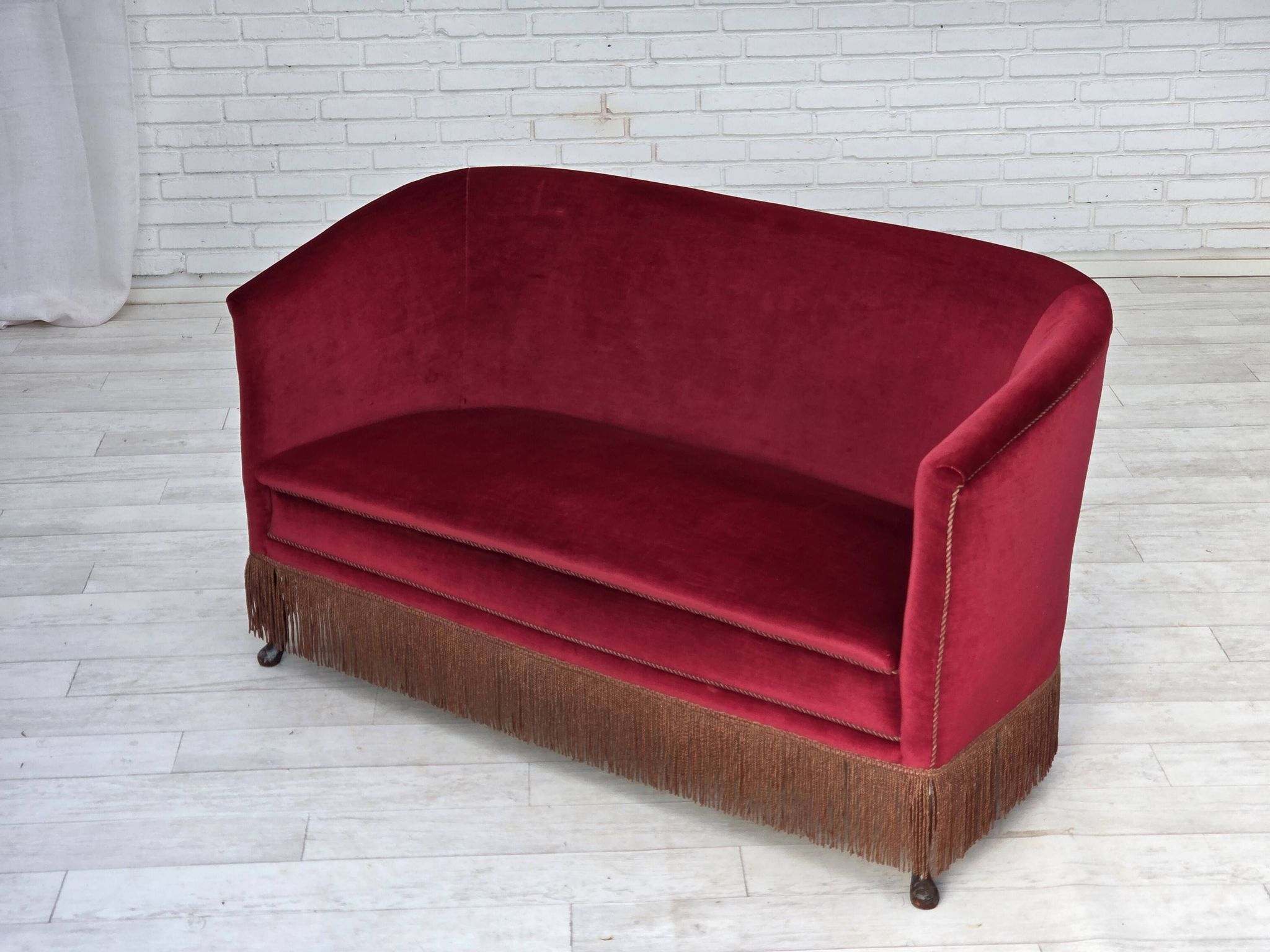 1960s, Danish 2-seater sofa, red furniture velour, ash wood legs.