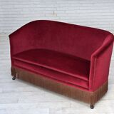 1960s, Danish 2-seater sofa, red furniture velour, ash wood legs.