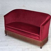 1960s, Danish 2-seater sofa, red furniture velour, ash wood legs.