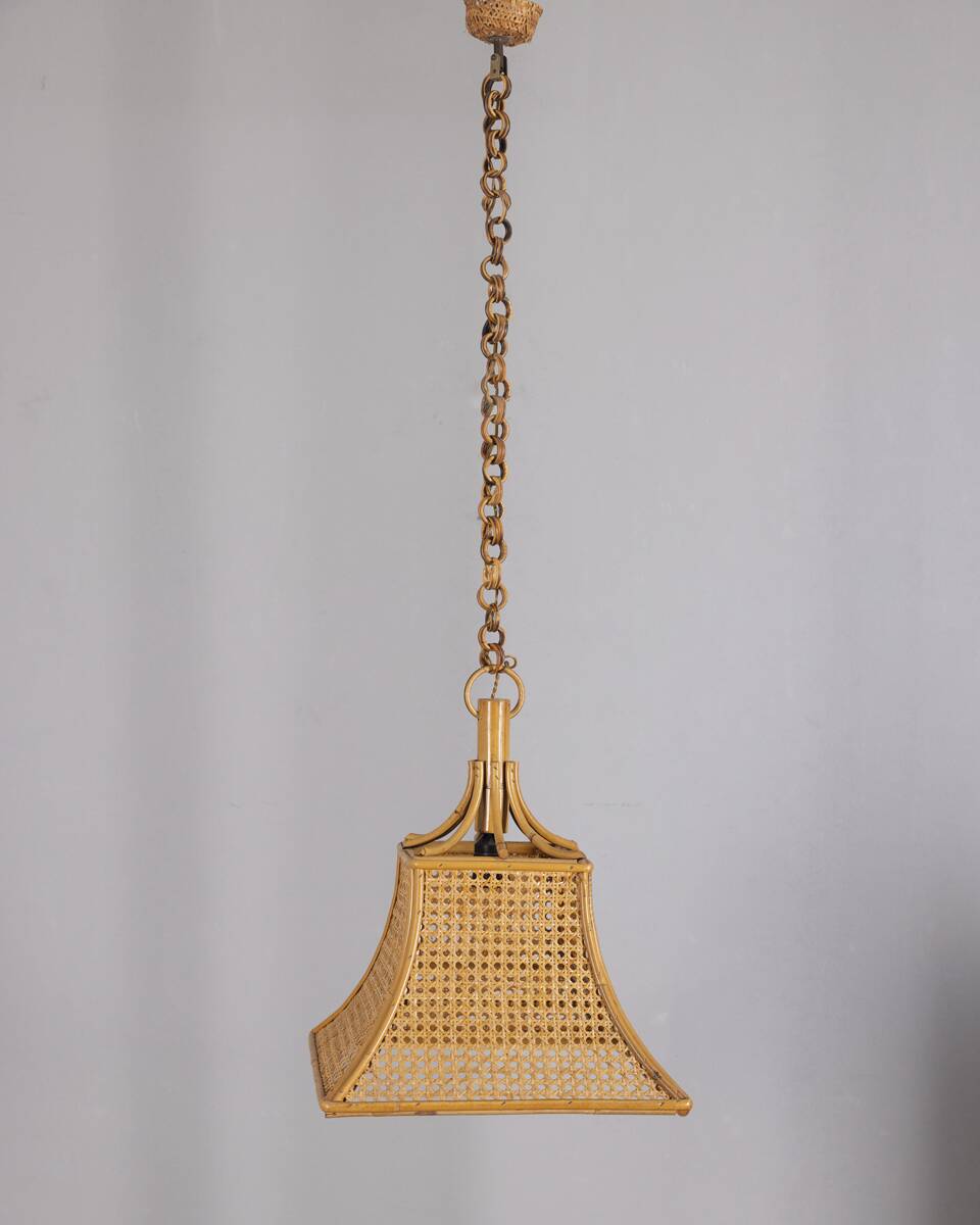 Vintage 1960s Bamboo and Straw Pendant Lamp, Italian Design