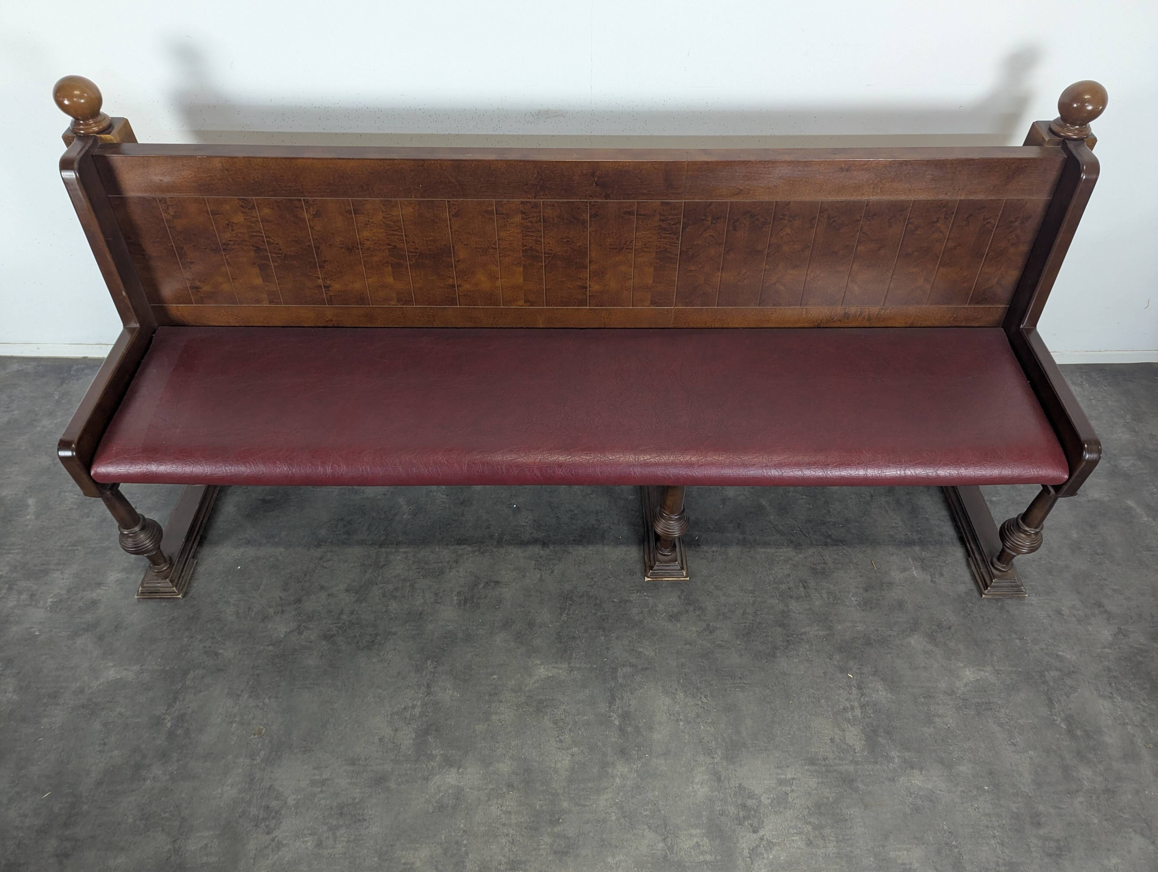 Art Deco brasserie bench in oak and bordeaux leatherette seat 220 cm