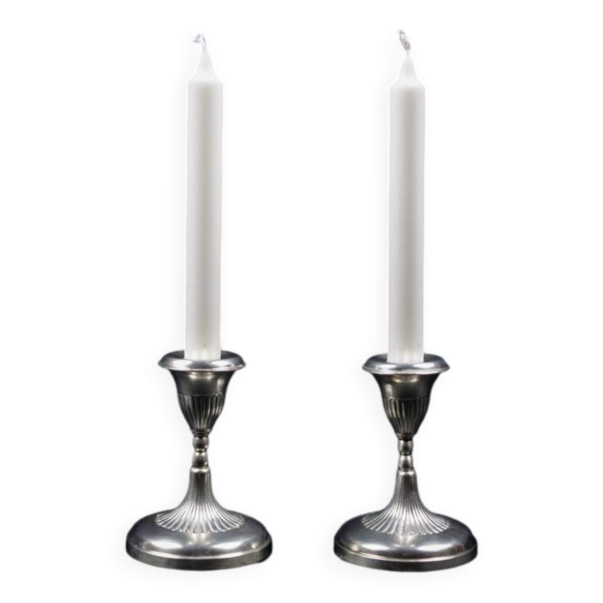 Pair of Small Antique Silver Metal Candlesticks - Fluted Base