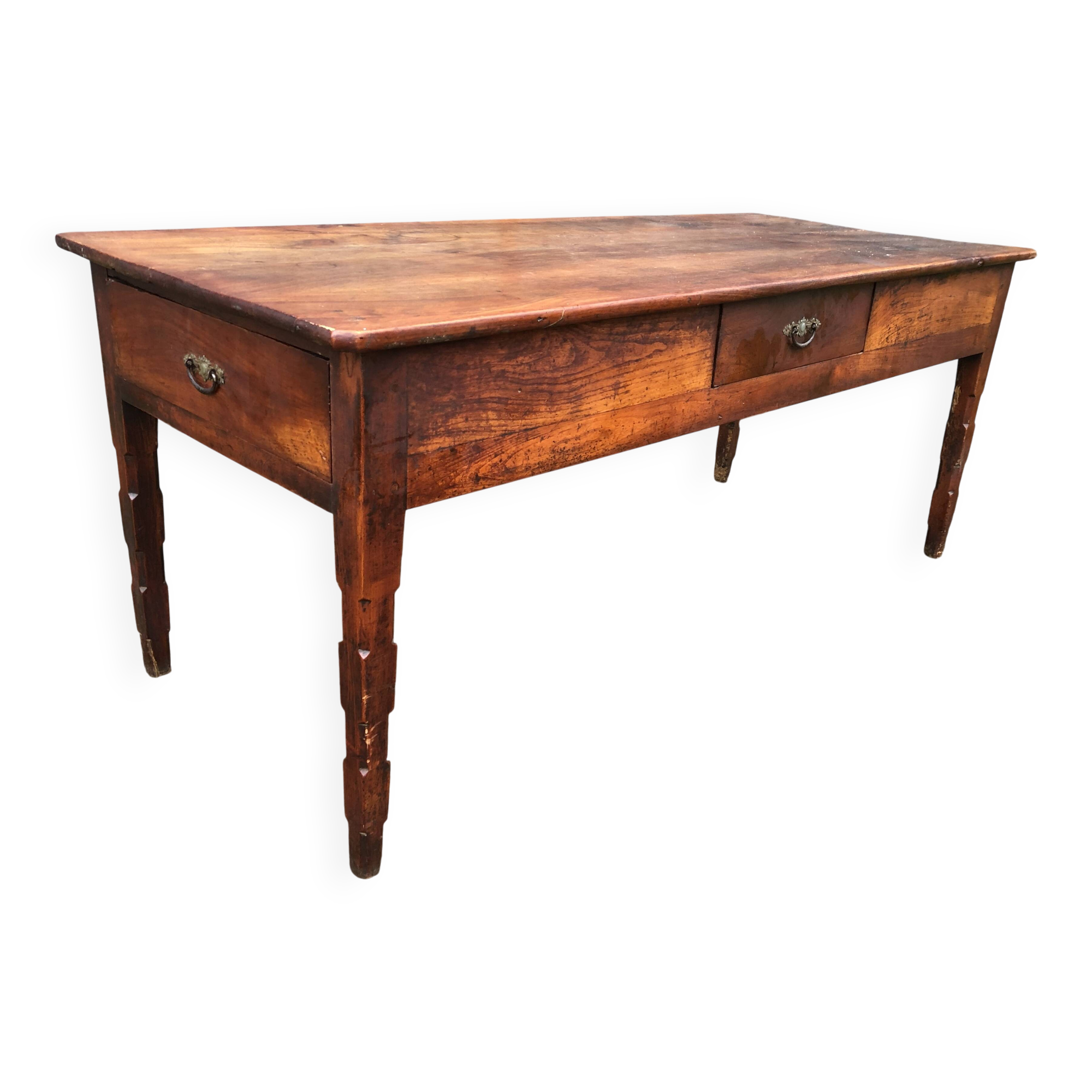 Antique farmhouse table in solid cherry wood with 3 drawers.