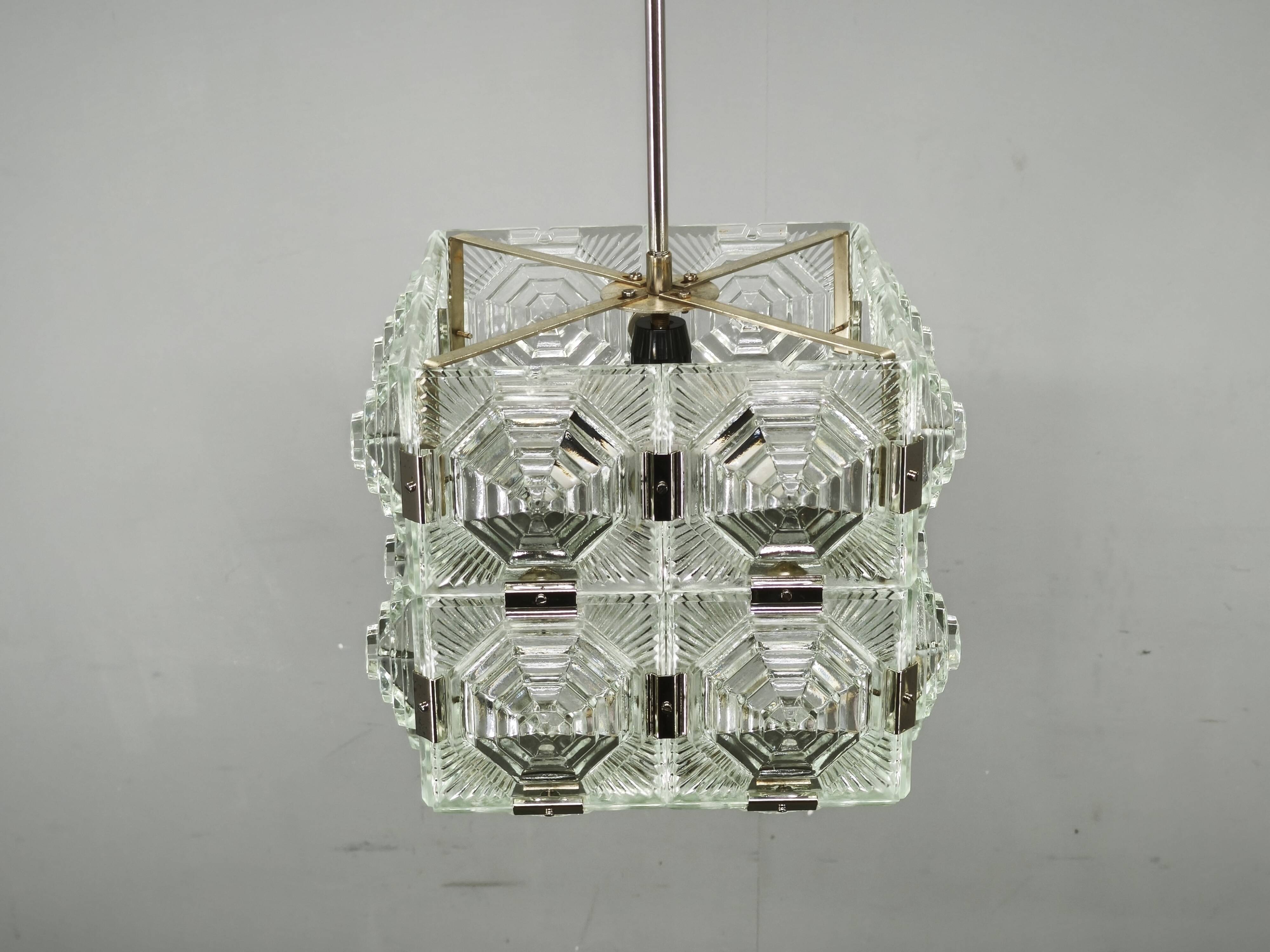 1970s Brutalist Glass Cube Pendant, Kamenický Šenov