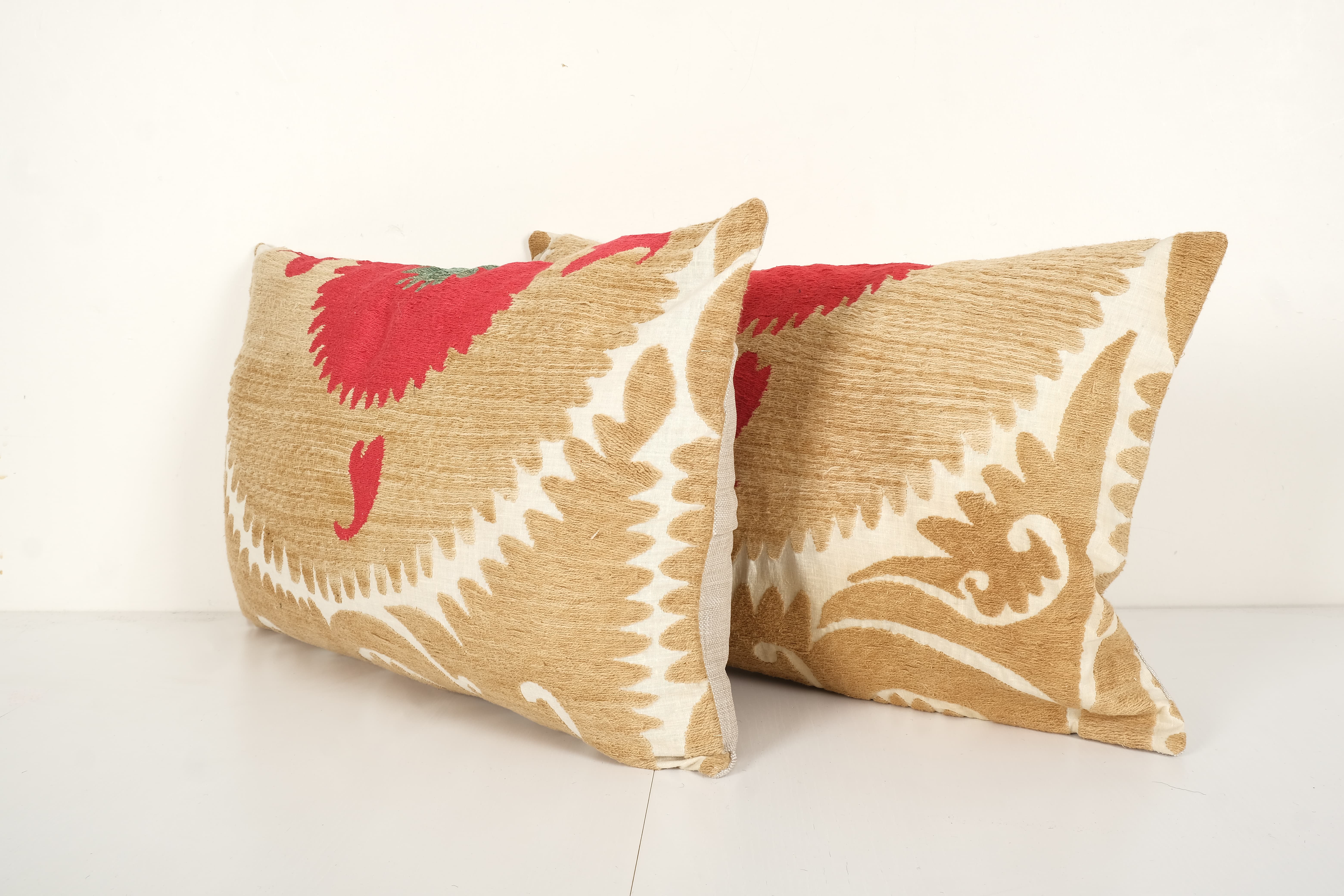 Set suzani body pillow made from a vintage uzbek suzani, tanethnic lumbar pillow cover, pair muted