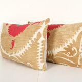 Set suzani body pillow made from a vintage uzbek suzani, tanethnic lumbar pillow cover, pair muted
