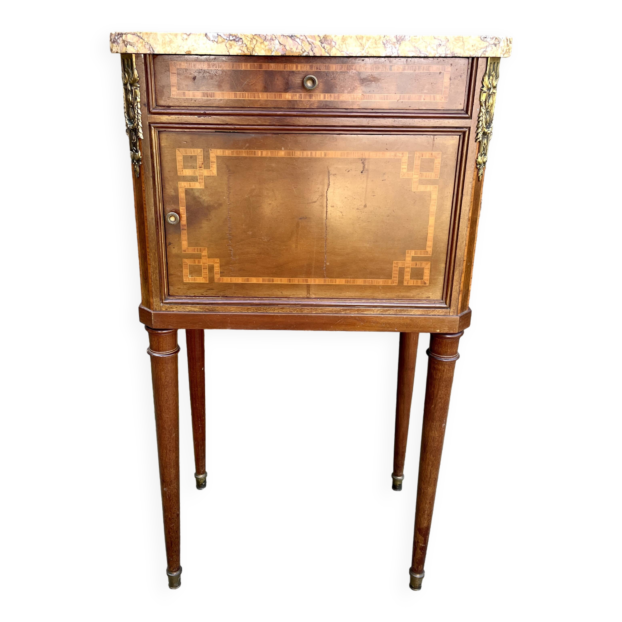 Louis XVI style bedside table in bronze, marble and ceramic