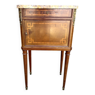 Louis XVI style bedside table in bronze, marble and ceramic