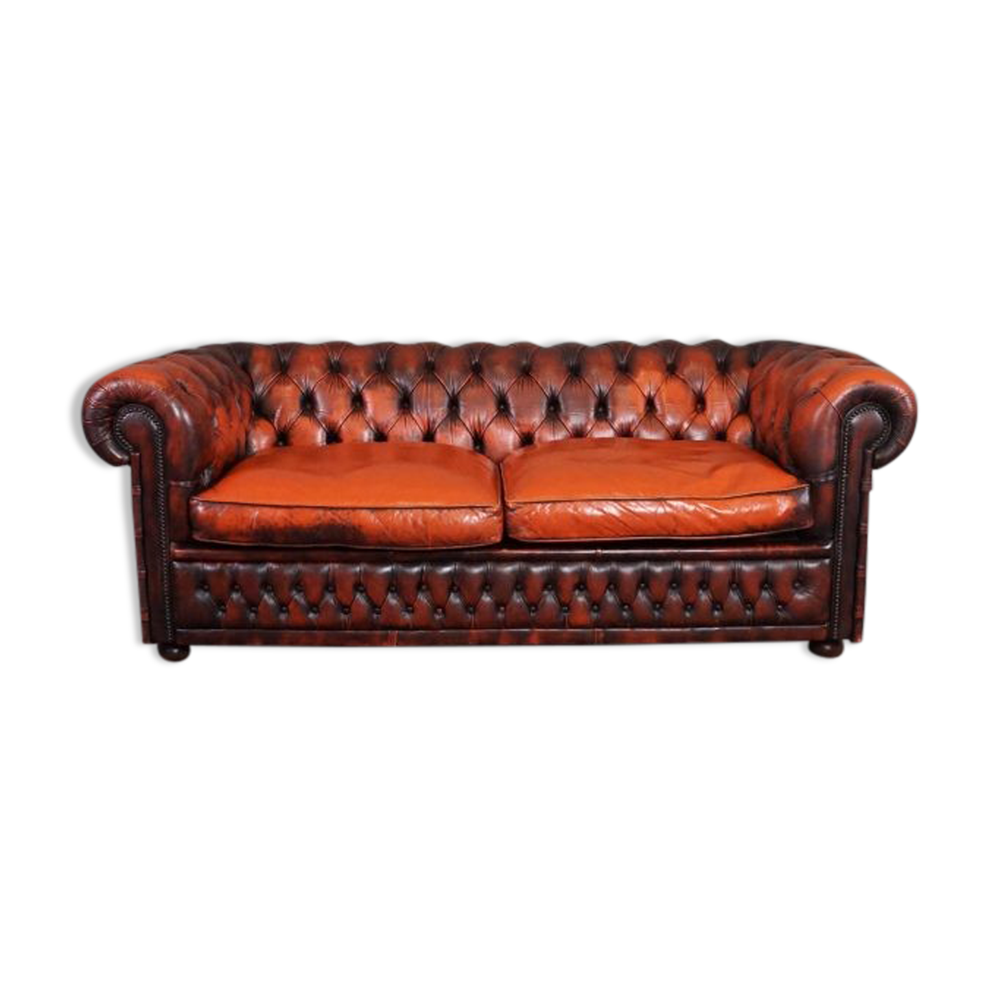 Chesterfield sofa in patinated orange leather, 2.5 seats
