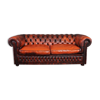 Chesterfield sofa in patinated orange leather, 2.5 seats