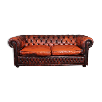 Canapé Chesterfield en cuir orange patiné, 2,5 places