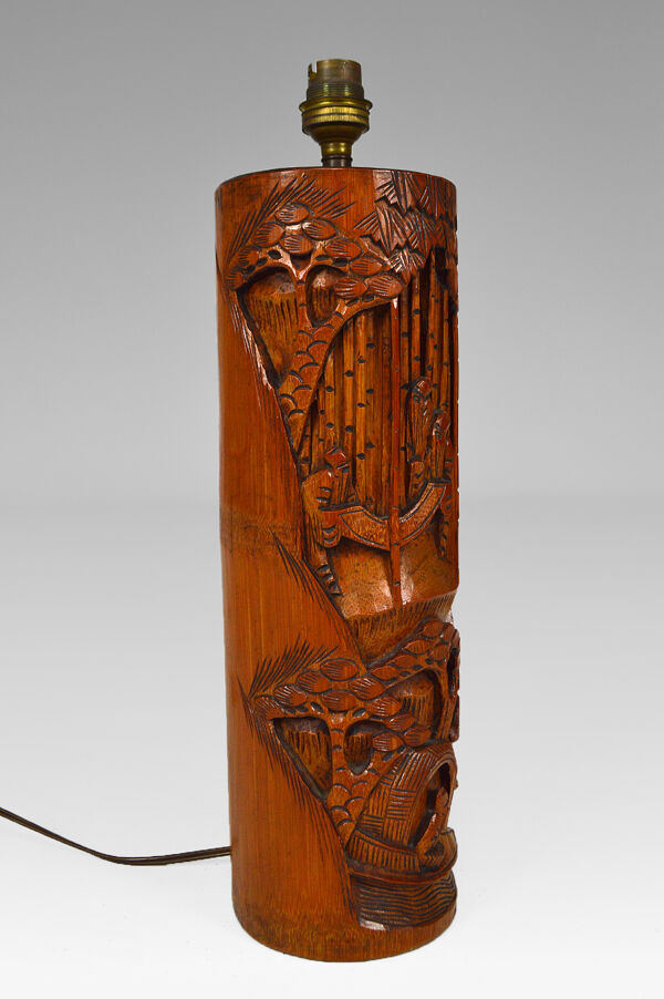 Lampe de salon asiatique en bois sculpté, mid-century