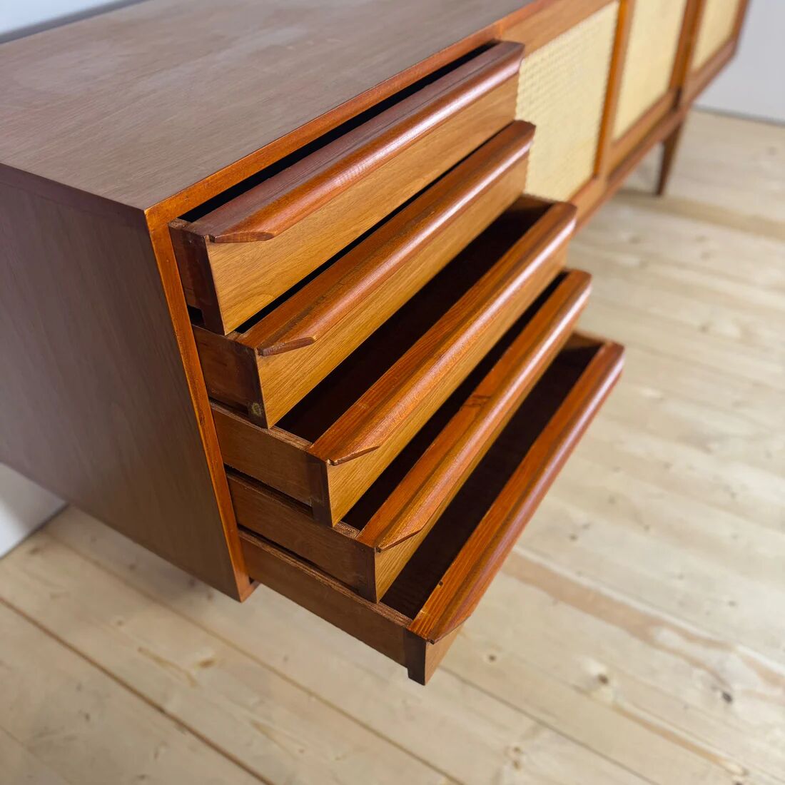 Vintage teak sideboard with rattan doors and drawers – Scandinavian design