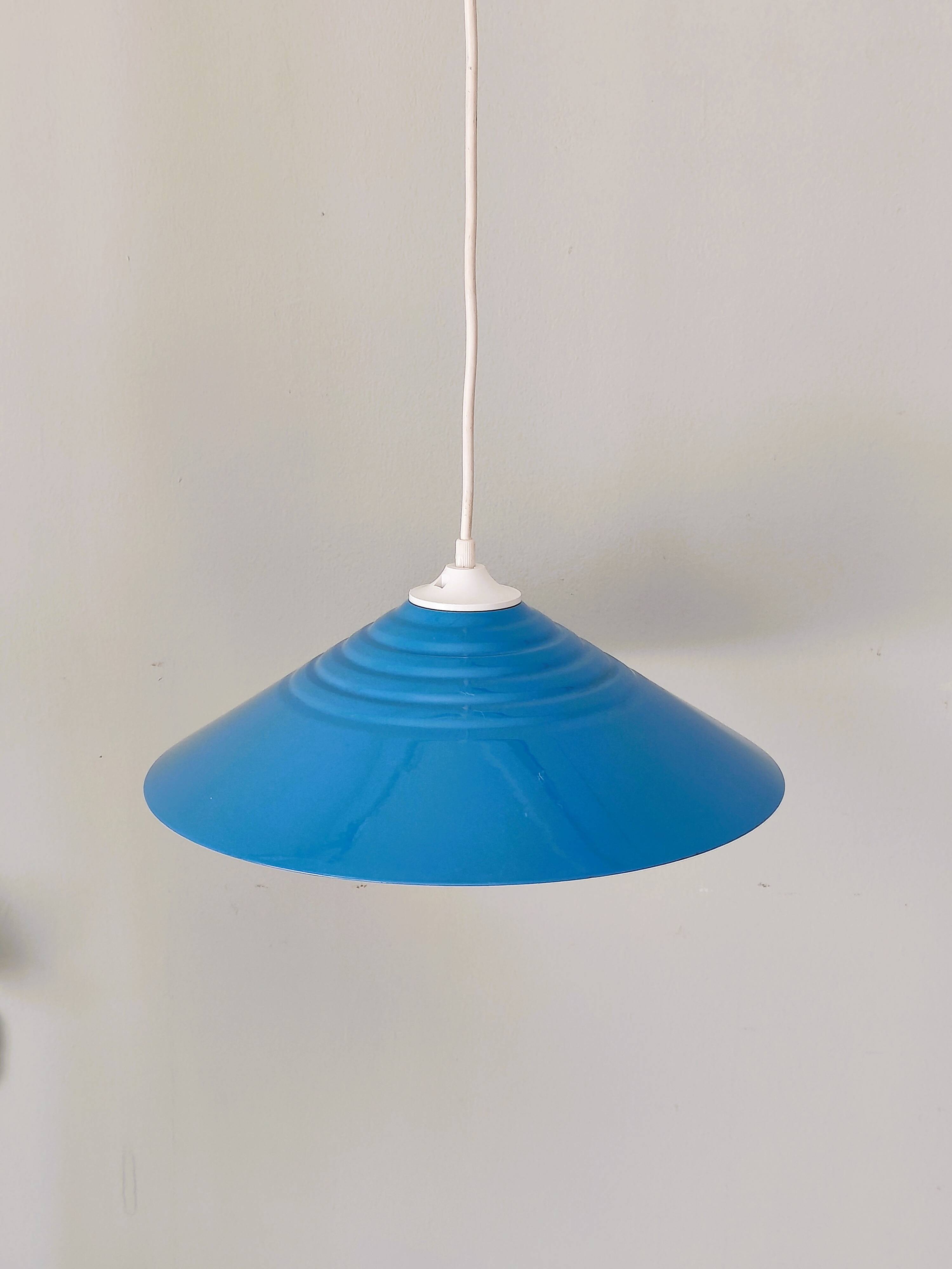 Blue lacquered metal suspension in a 70s/80s style.